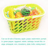 A yellow plastic basket filled with pretend play fruit and vegetable items like banana, apple, and pepper.