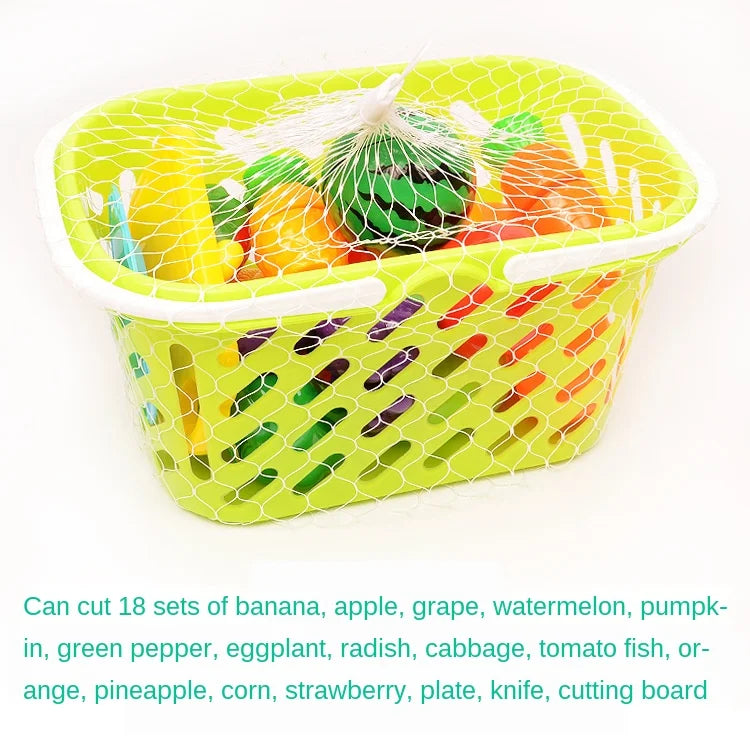 A yellow plastic basket filled with pretend play fruit and vegetable items like banana, apple, and pepper.