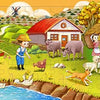 A colorful illustration of a farm scene featuring a farmer, cows, sheep, and a woman in a rural landscape.