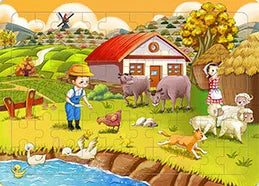 A colorful illustration of a farm scene featuring a farmer, cows, sheep, and a woman in a rural landscape.