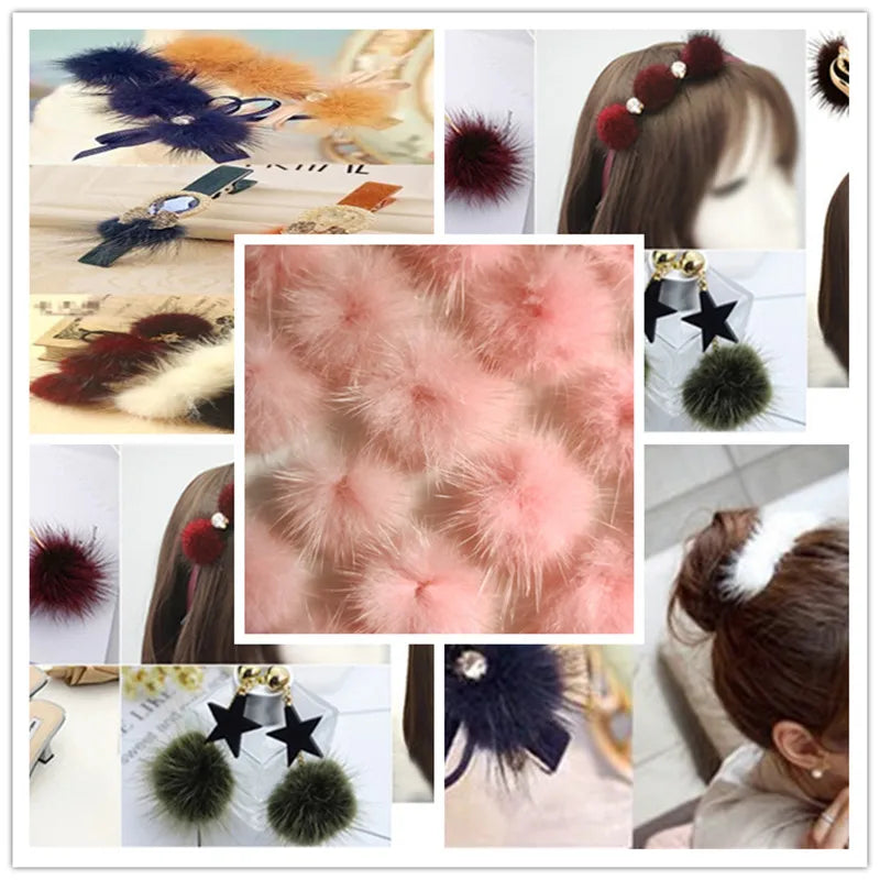 A collection of soft DIY mink fur pom poms in various shades of pink, black, and brown for crafts and accessories.