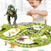 A child is playing with a green dinosaur LED Flexi-Track racing car set featuring various dinosaurs and track elements.