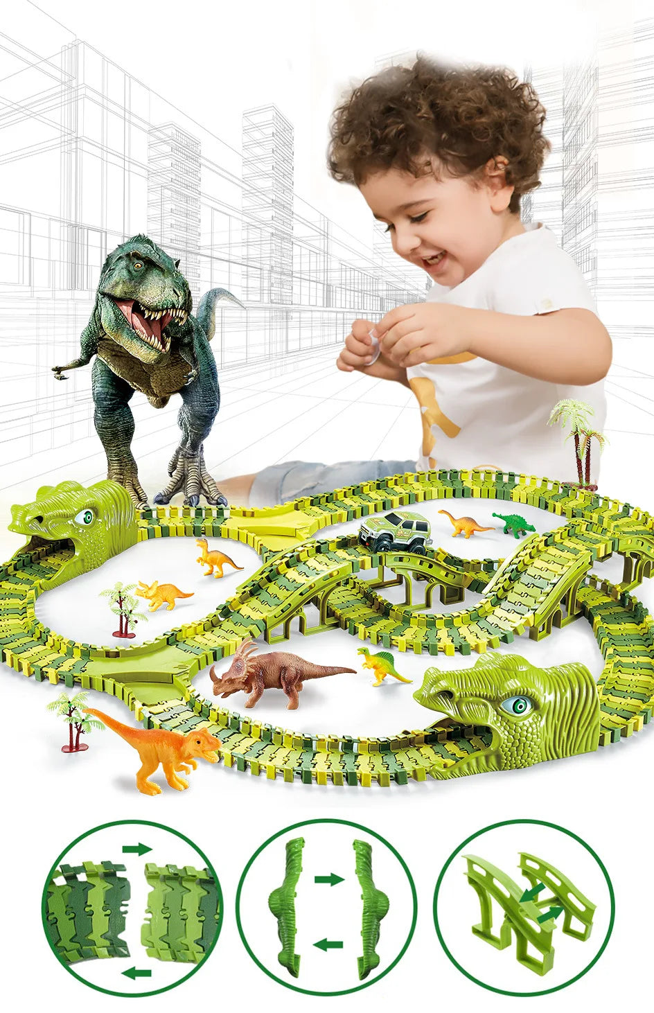 A child is playing with a green dinosaur LED Flexi-Track racing car set featuring various dinosaurs and track elements.