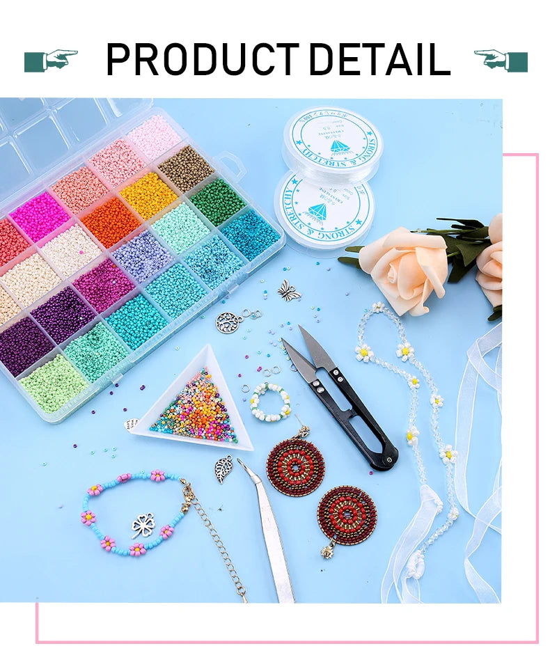 A variety of colorful glass seed beads in 24 shades are displayed in a storage box alongside jewelry making tools and rose pe