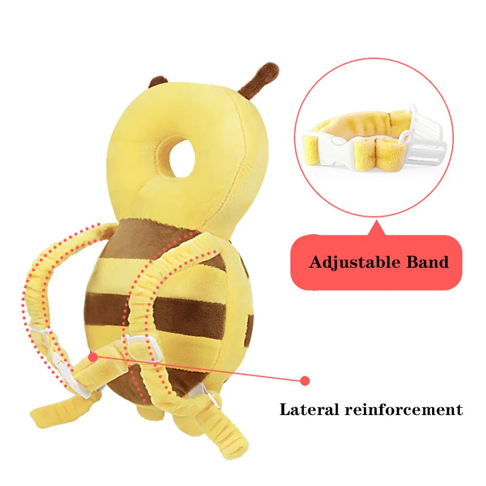 Sac à dos avec protection de tête jaune et marron réglable pour tout-petits, montrant les caractéristiques de renfort latéral