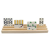 A wooden domino rack set of four tiles in various colors and patterns arranged on a light wooden base.