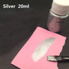 Silver 20ml bottle of metallic silver acrylic paint next to a swatch on pink paper