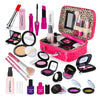 A collection of children's pretend play makeup products including lipsticks, eyeshadows, and a pink cosmetic case.
