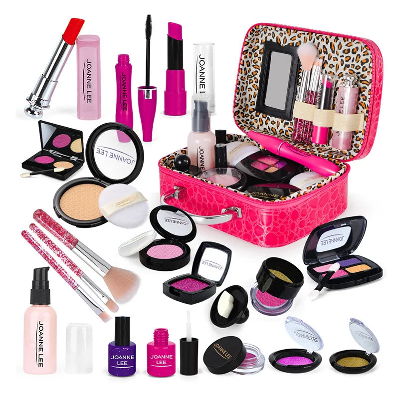 A collection of children's pretend play makeup products including lipsticks, eyeshadows, and a pink cosmetic case.