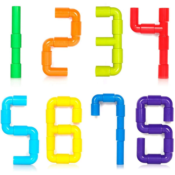 A set of colorful plastic building blocks shaped like numbers and letters for Montessori learning
