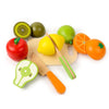 A wooden magnetic fruit and vegetable cutting play set featuring various colored fruits like tomatoes, apples, and melons.