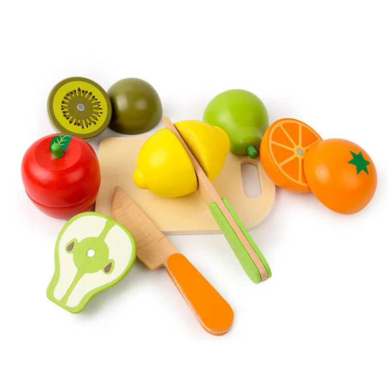 A wooden magnetic fruit and vegetable cutting play set featuring various colored fruits like tomatoes, apples, and melons.