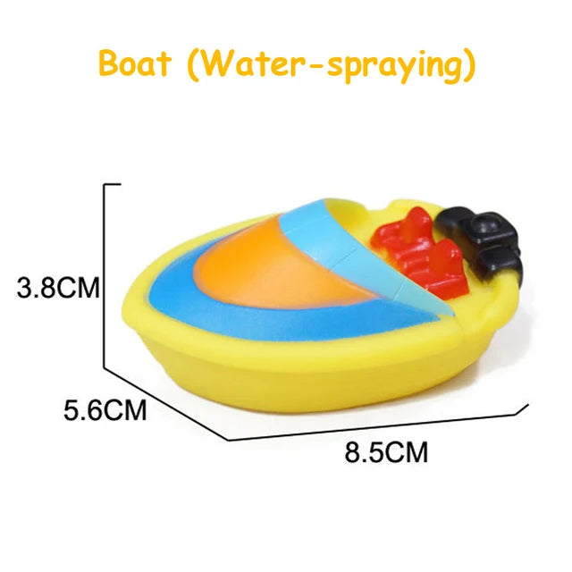 Yellow bath toy shaped like a boat with water-spraying features and various animal designs