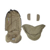A beige stroller accessory kit including a mosquito net, rain cover, and other items.
