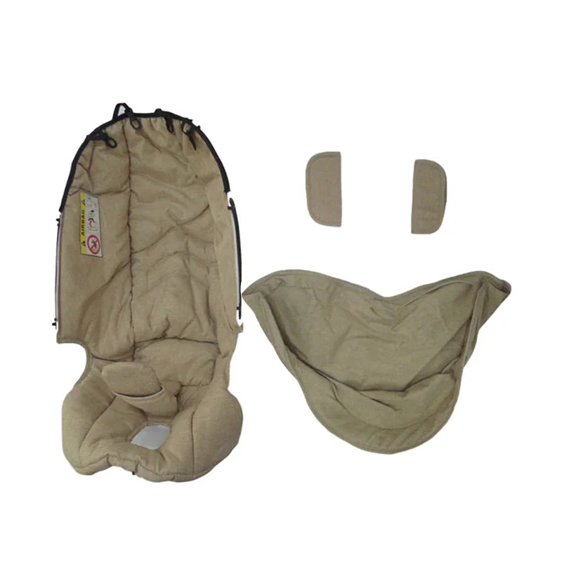 A beige stroller accessory kit including a mosquito net, rain cover, and other items.
