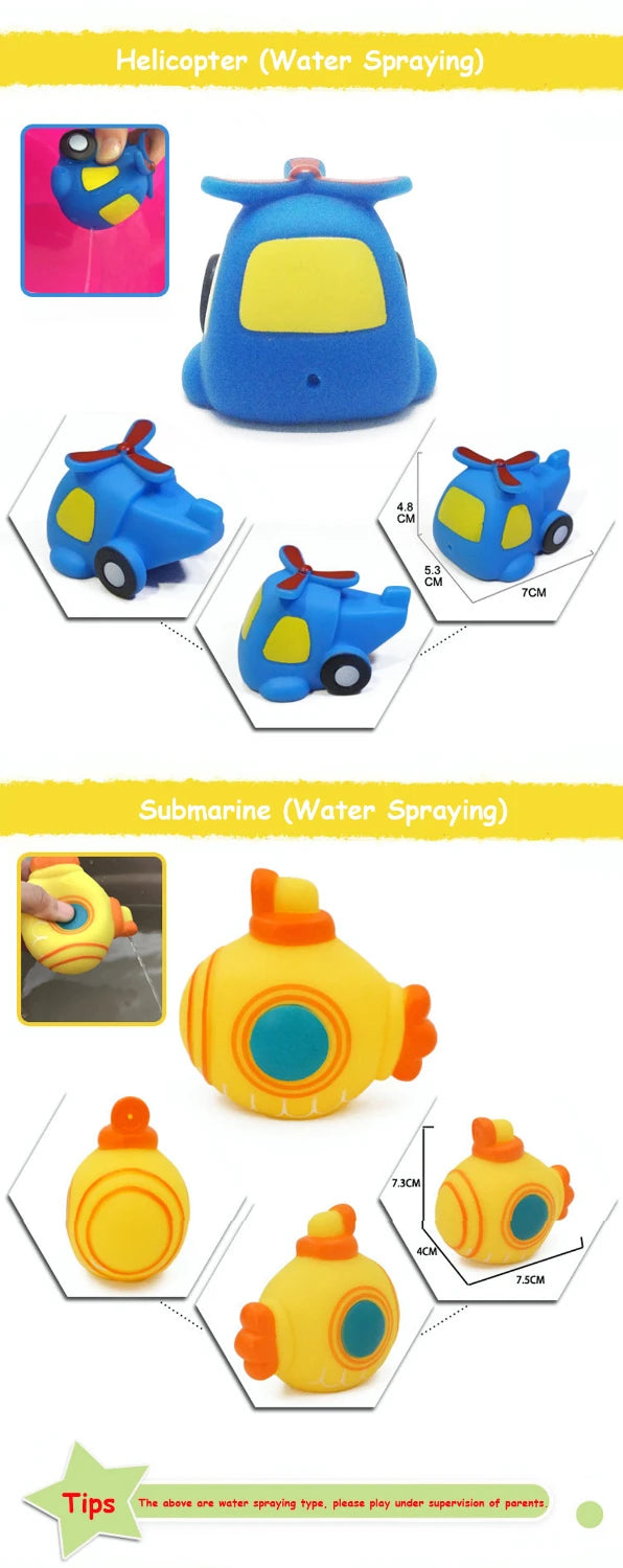 Set of cartoon soft rubber bath toys including a helicopter and a submarine for water spraying