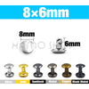 A set of metal double cap rivets in various finishes including silver, gold, gunblack, nickel, copper, and black nickel.