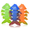 A set of four colorful plastic shark rocket pool diving toys in green, blue, orange, and pink.