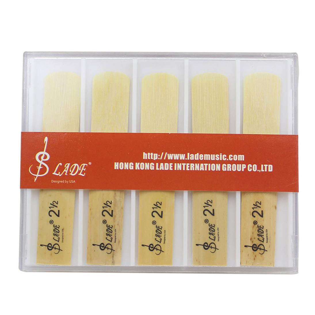 A pack of ten bamboo clarinet reeds labeled LADE, packaged in a clear plastic case.