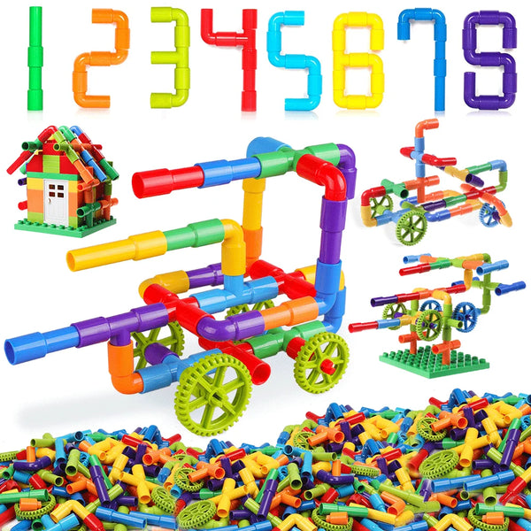 A collection of colorful Montessori water pipe building blocks in various colors and shapes.