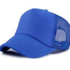 A royal blue trucker hat with a mesh back and a curved brim.