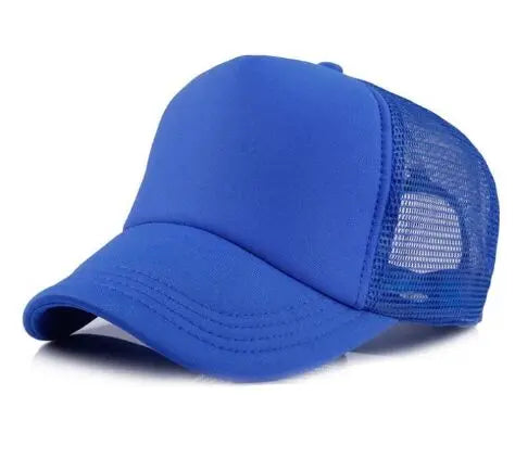 A royal blue trucker hat with a mesh back and a curved brim.