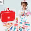 A red medical kit with various wooden and plastic tools for children's pretend play