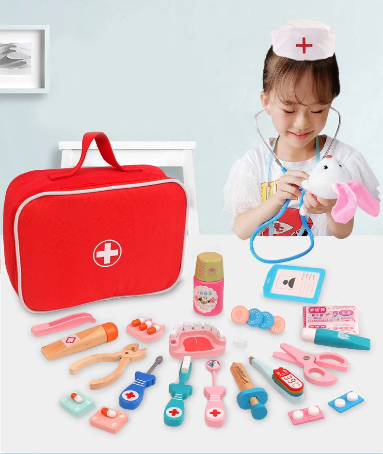 A red medical kit with various wooden and plastic tools for children's pretend play