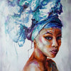 A portrait of an African woman painted in vibrant blues, purples, and warm skin tones.