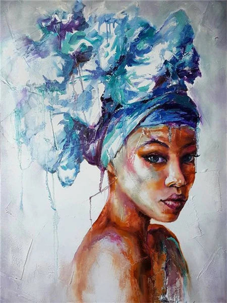 A portrait of an African woman painted in vibrant blues, purples, and warm skin tones.
