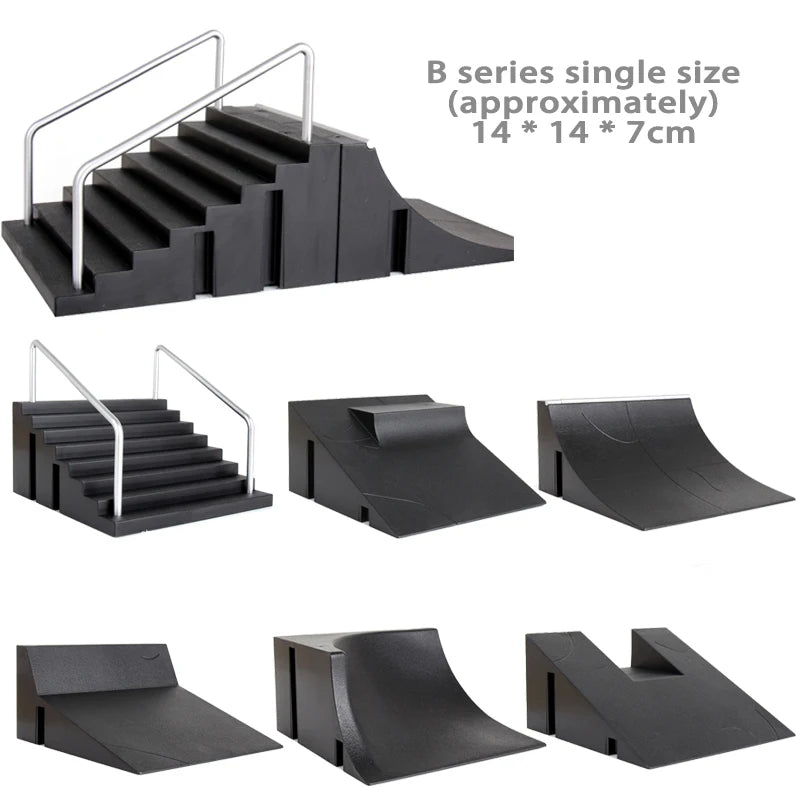 Black B series single size finger skateboard park set with ramps and board components
