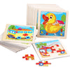 A set of wooden tangram puzzles featuring animal and traffic designs, including a yellow duck and a red fire truck.