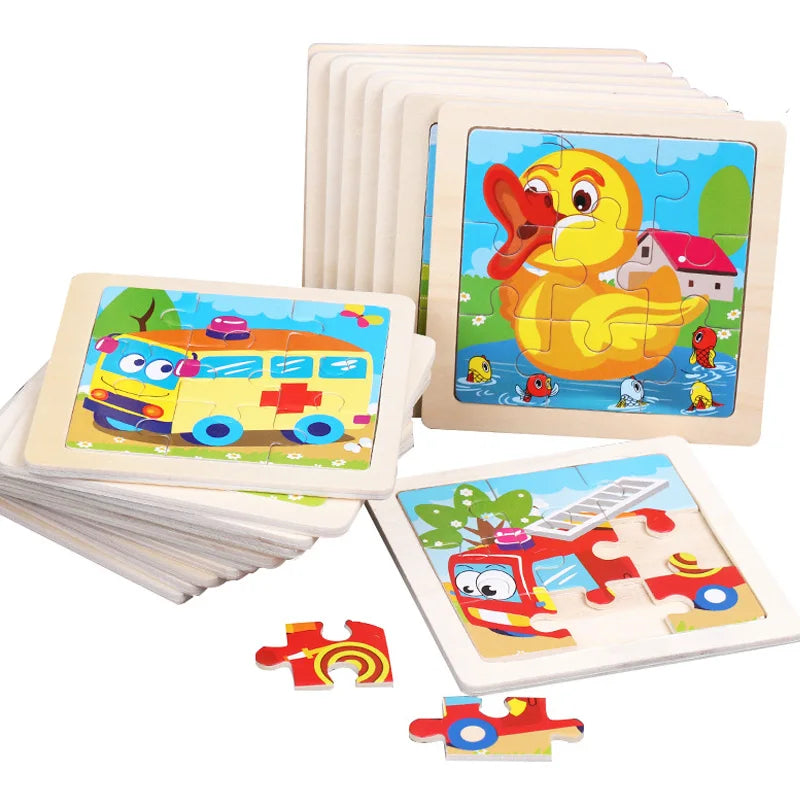 A set of wooden tangram puzzles featuring animal and traffic designs, including a yellow duck and a red fire truck.