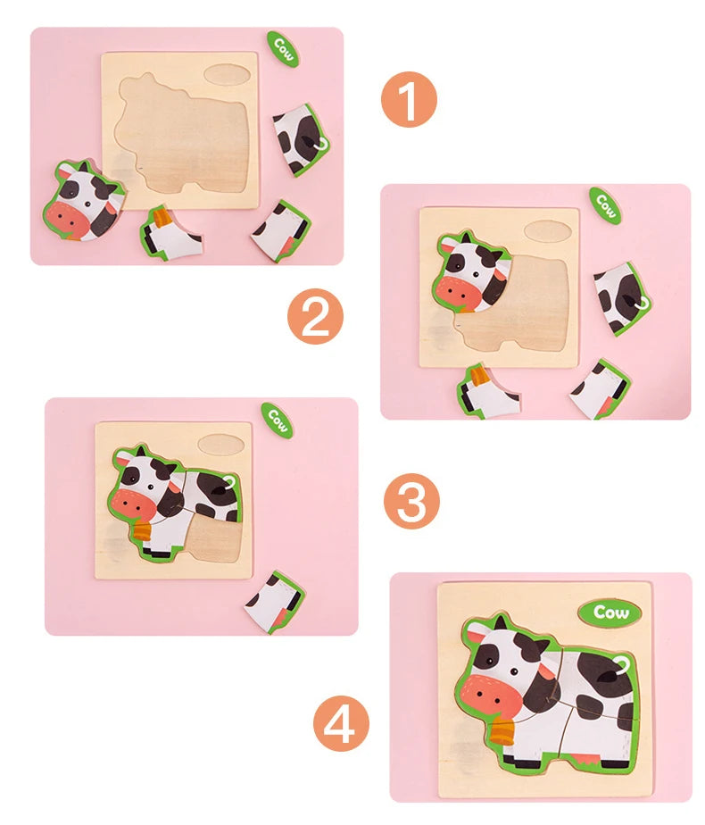 Wooden 3D Cartoon Animal Jigsaw Puzzle for Kids