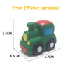A green cartoon soft rubber bath toy vehicle with blue accents and wheels.