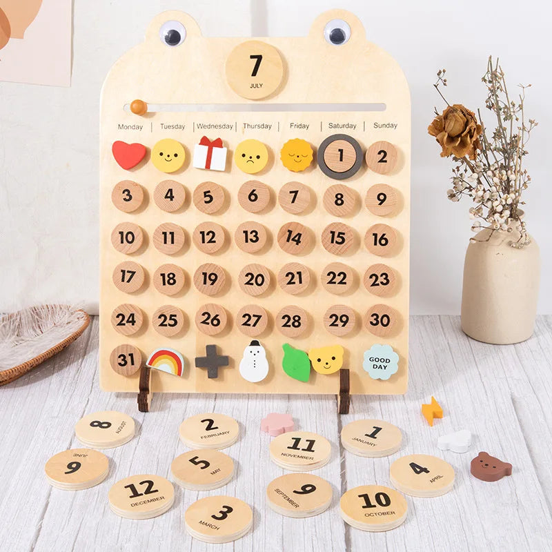 A wooden daily calendar board showing the numbers 1 through 31, used for learning dates and activities.