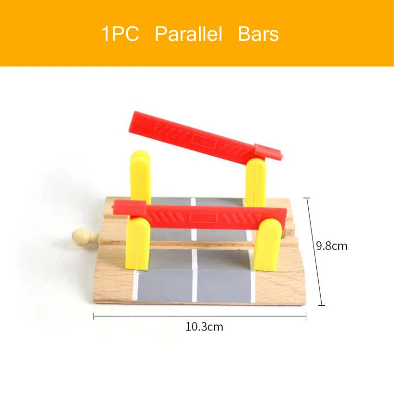 One piece parallel bars for a wooden train track accessory set featuring airport and gas station scenes