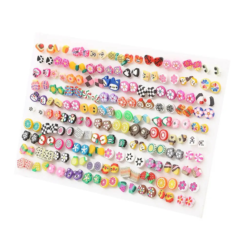 Assorted acrylic stud earrings set featuring hearts, stars, and moons in various colors