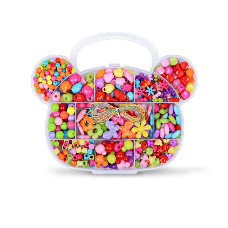 A clear plastic container filled with assorted colorful acrylic beads for DIY jewelry making
