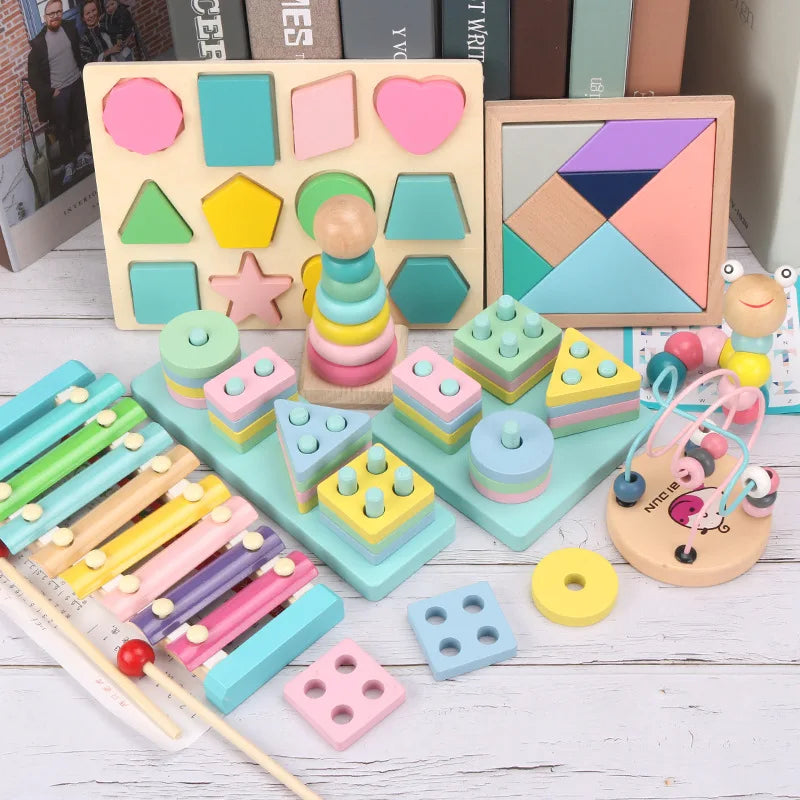 A collection of colorful wooden puzzle pieces and blocks for early learning activities.