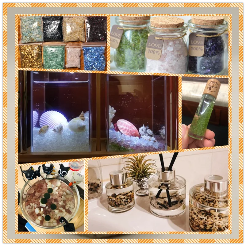 A collection of natural tumbled stone chips in various colors and sizes for jewelry making and home decor.