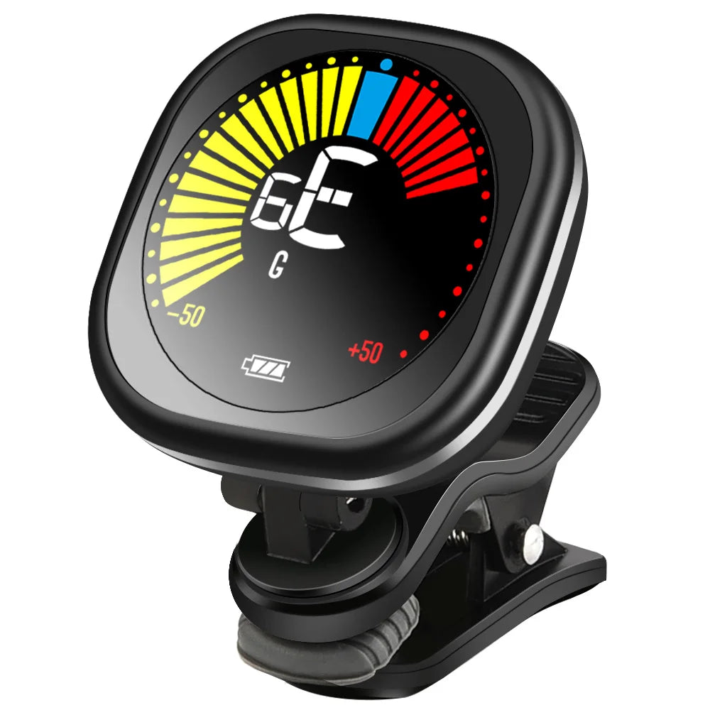A black rechargeable clip-on tuner with a color-coded light display showing pitch in German notation.