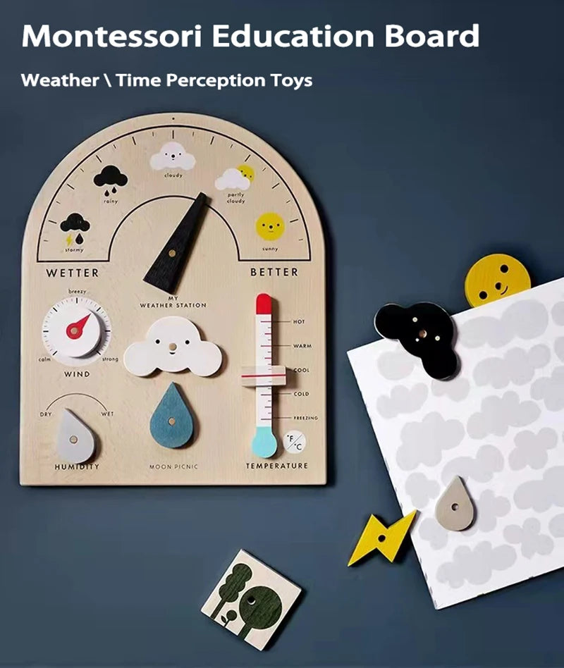 A Montessori education board showing weather and time perception tools like a clock, thermometer, and various weather symbols