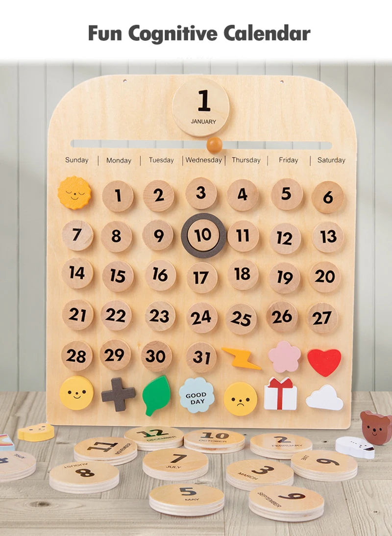 A wooden cognitive calendar showing January dates, weather icons, and activity markers for learning.
