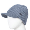 A gray knit beanie with a brim is displayed on a mannequin.