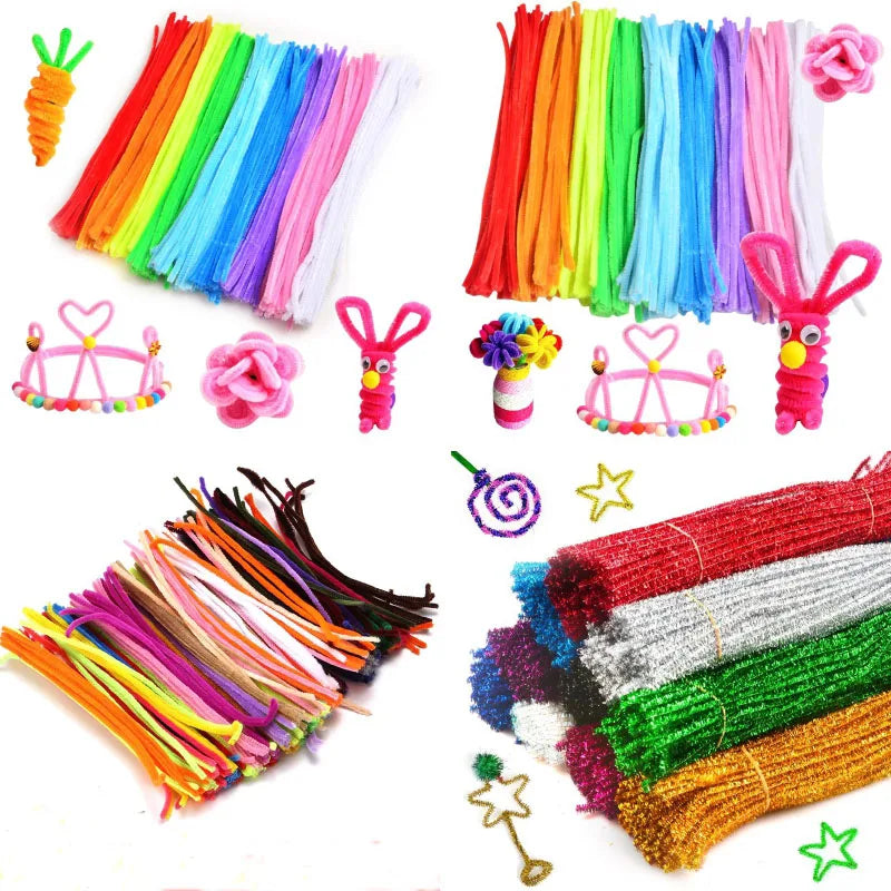 A collection of 100 colorful pipe cleaners and craft materials for DIY projects, including various colors and shapes.