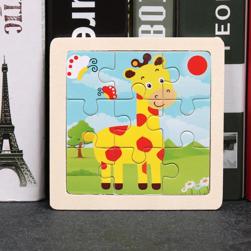 A wooden jigsaw puzzle featuring a yellow giraffe in a grassy landscape with red and orange accents.