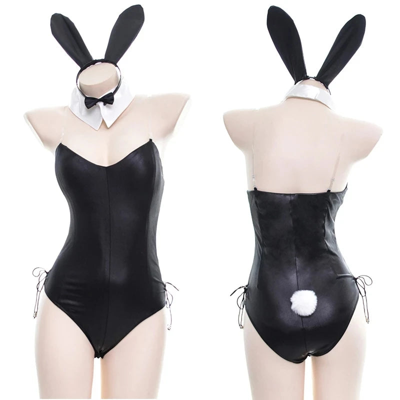 Black faux leather bunny girl cosplay costume set with ears and bow