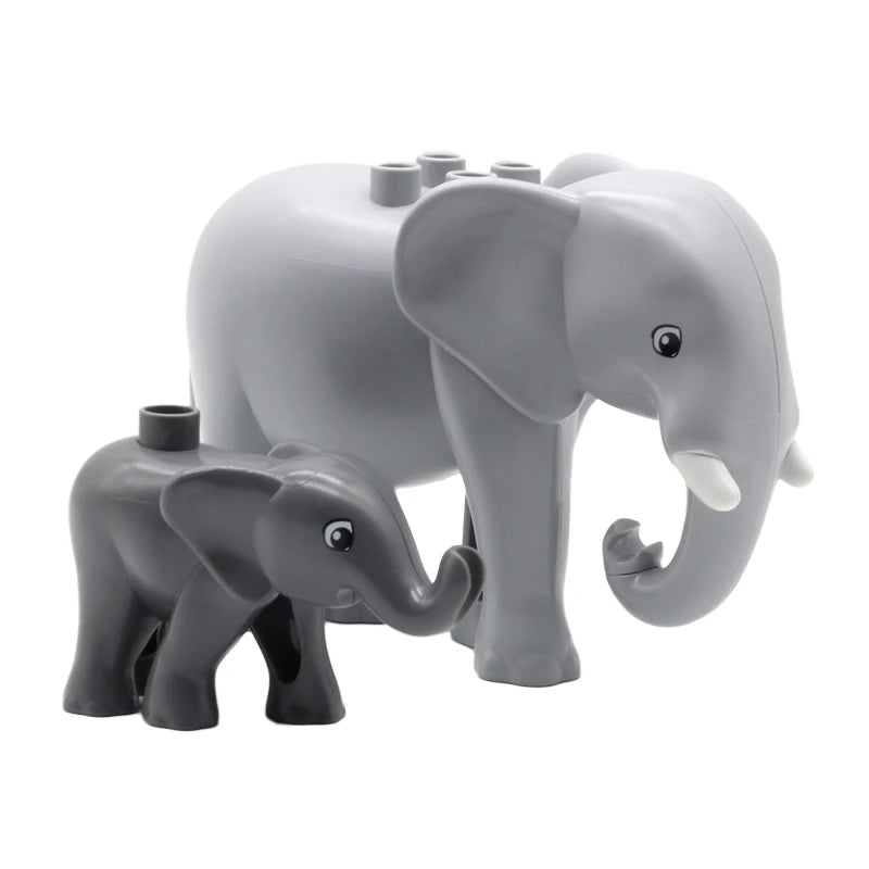 Gray zoo animal building blocks set featuring a lion, bear, tiger, elephant, and panda.