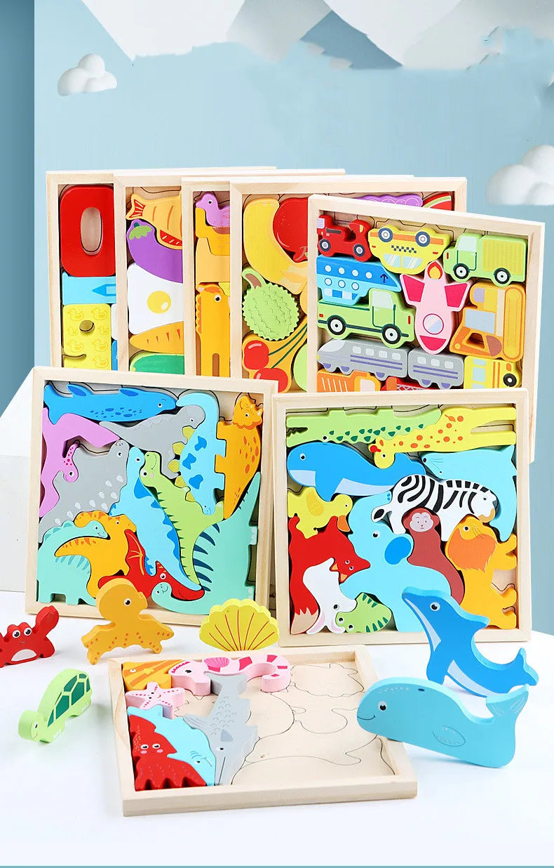 A wooden 3D puzzle board featuring colorful cartoon animals and fruit for toddlers.